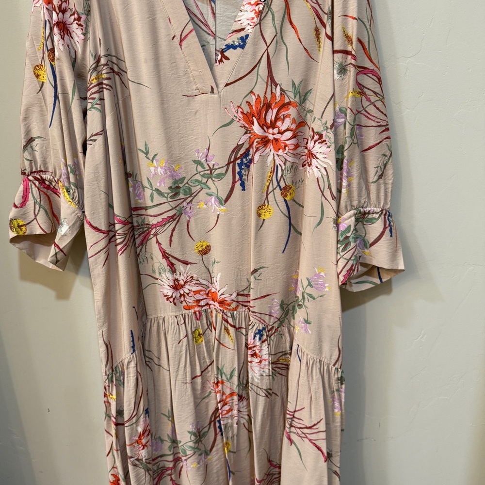 Floral V-Neck Tiered Midi Dress in Beige with Pink & Orange Blooms